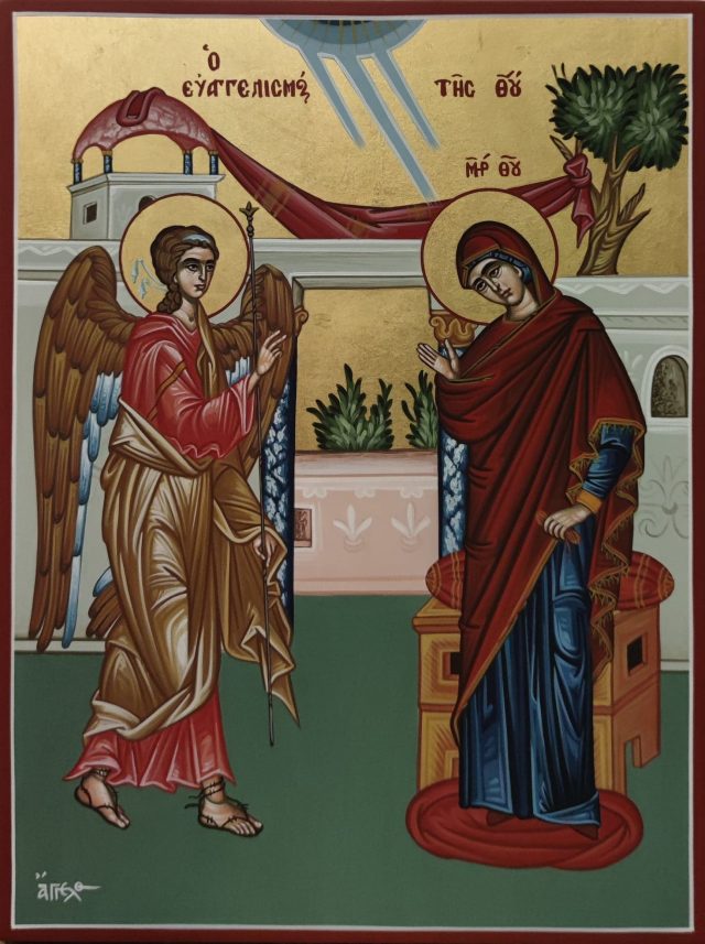 Hand painted iconography of the Annunciation of the Virgin
