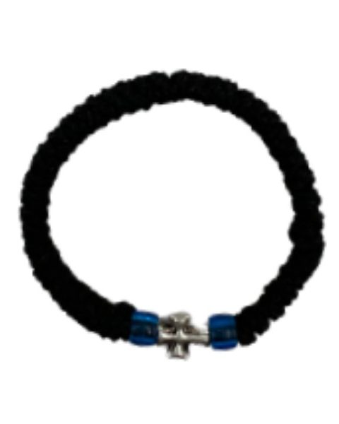 Κομποσκοίνι μαύρο ελαστικό με μπλε χάντρες και μεταλλικό Σταυρό